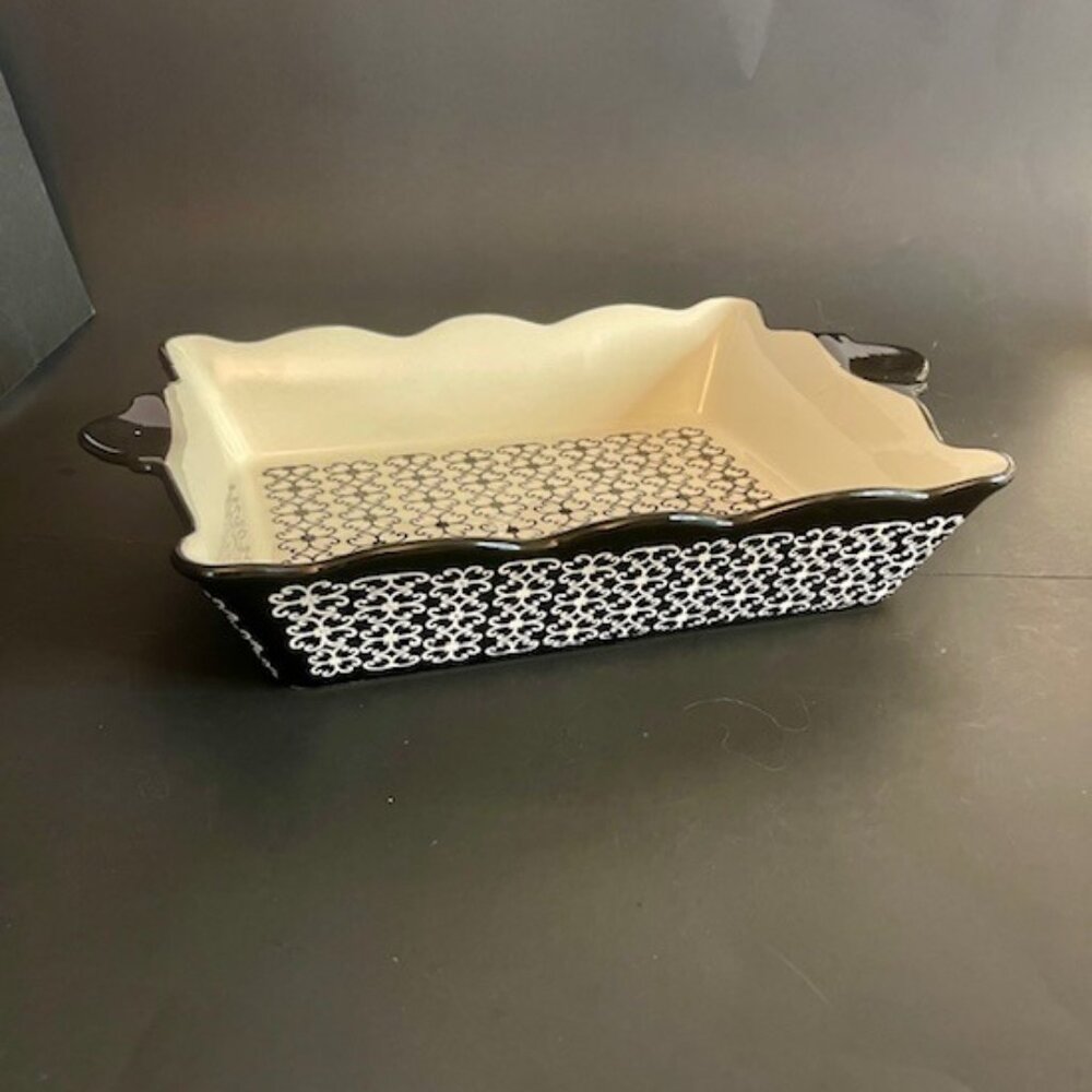Baum Ceramic Casserole Dish, Black Floral Design, 10x12x3, Oven-to-Table Safe